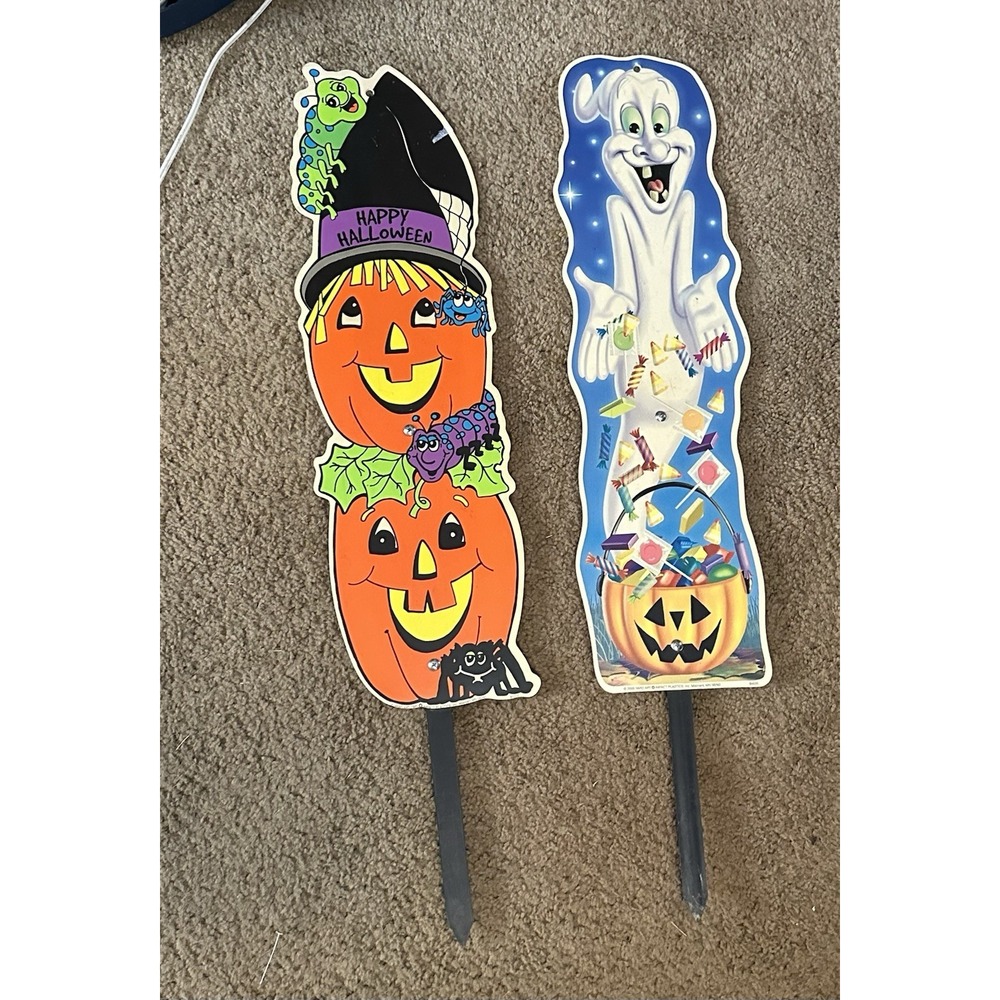 Vintage Impact Plastics Halloween Yard Signs 1999 Jack O Lantern & 2000 Casper